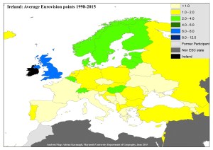 Figure 5: Average points won by Ireland by country at Eurovision Song Contests between 1998 and 2015